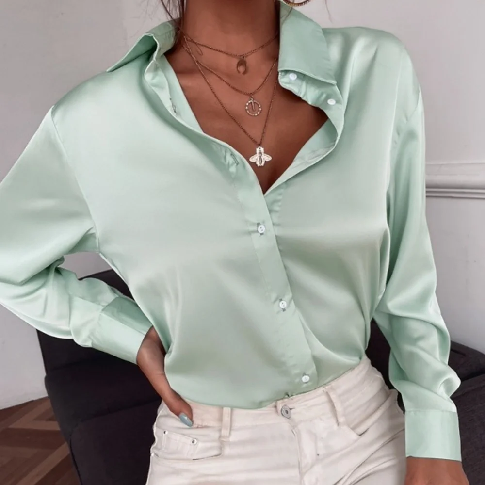 Luxe Satin button up Boyfriend shirt Blouse - Picture 7 of 16